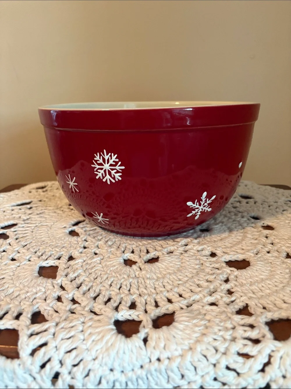 Longaberger Red Holiday Mixing Bowl with White Snowflake Design